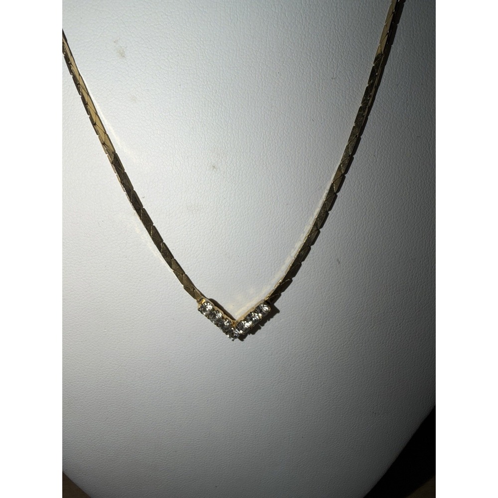 Vintage Gold Tone Herringbone V Shape CZ Diamond Necklace Korea
